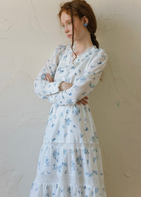 Blue Garden Vintage Floral Long Sleeve Dress
