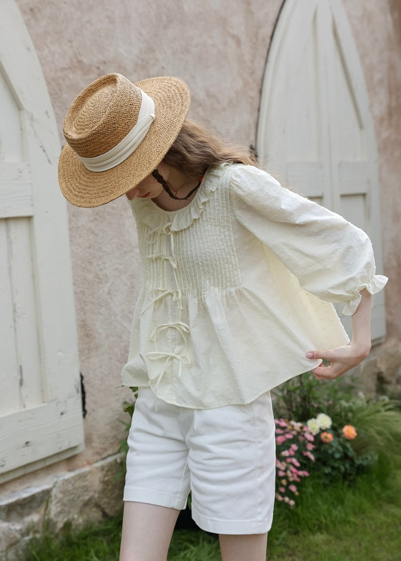 Light Yellow Ribbon Pin-tuck Romantic Vintage Blouse