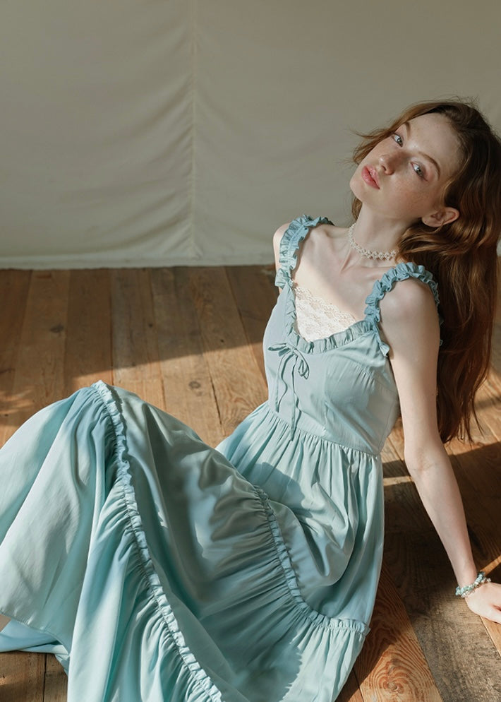 Mint Ruffle Melody Tiered Sleeveless Long Vintage Long Dress