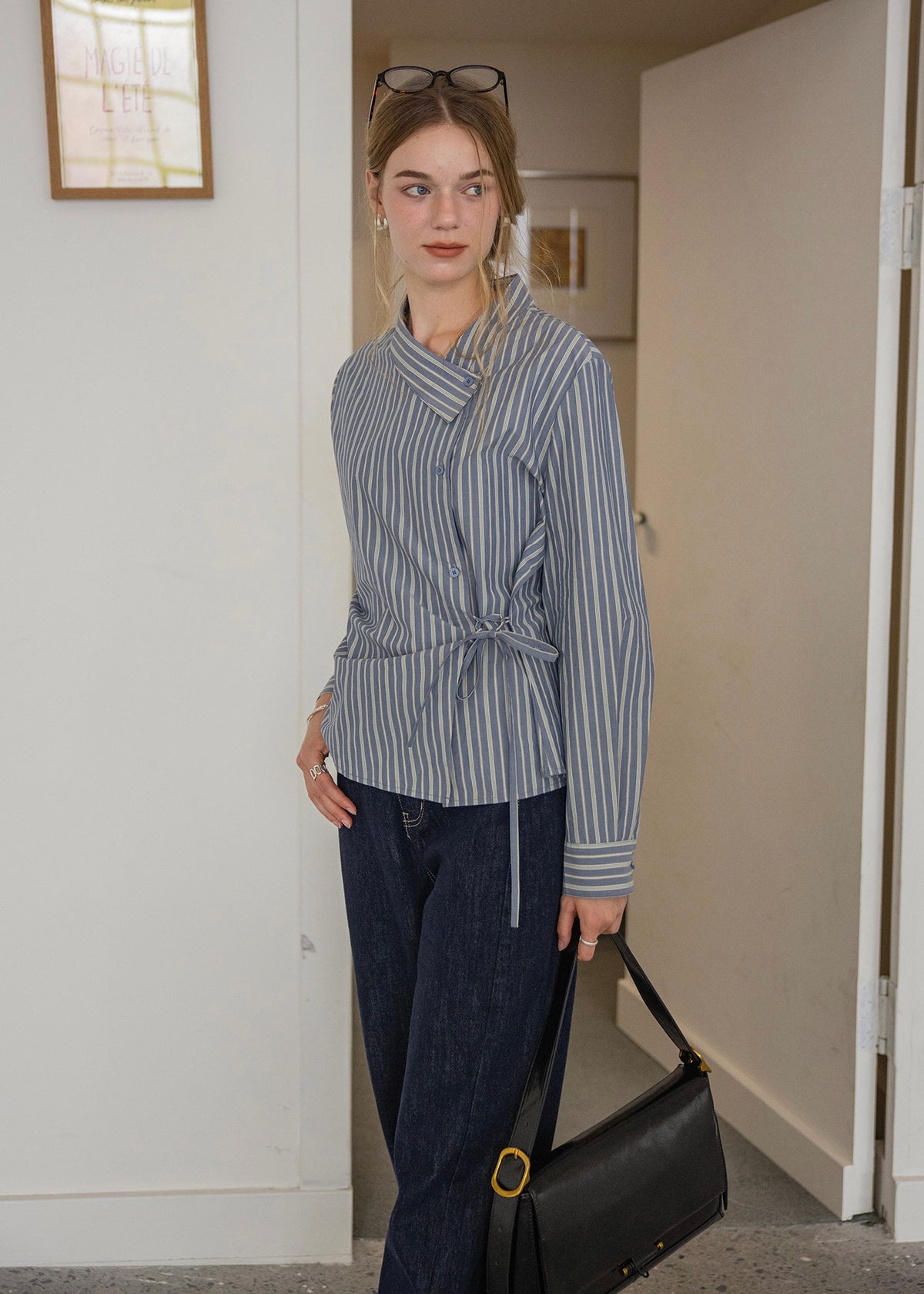Maren Mist Blue Striped Wrap Shirt