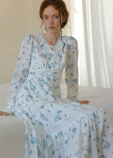 Blue Garden Vintage Floral Long Sleeve Dress