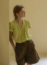 Sunday Picnic Blouse | Lace Trim Puff Sleeve Vintage Top(2COLOR)