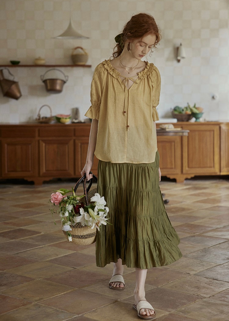 Amber Ruffle Bloom Blouse | Vintage Yellow Embroidered Top