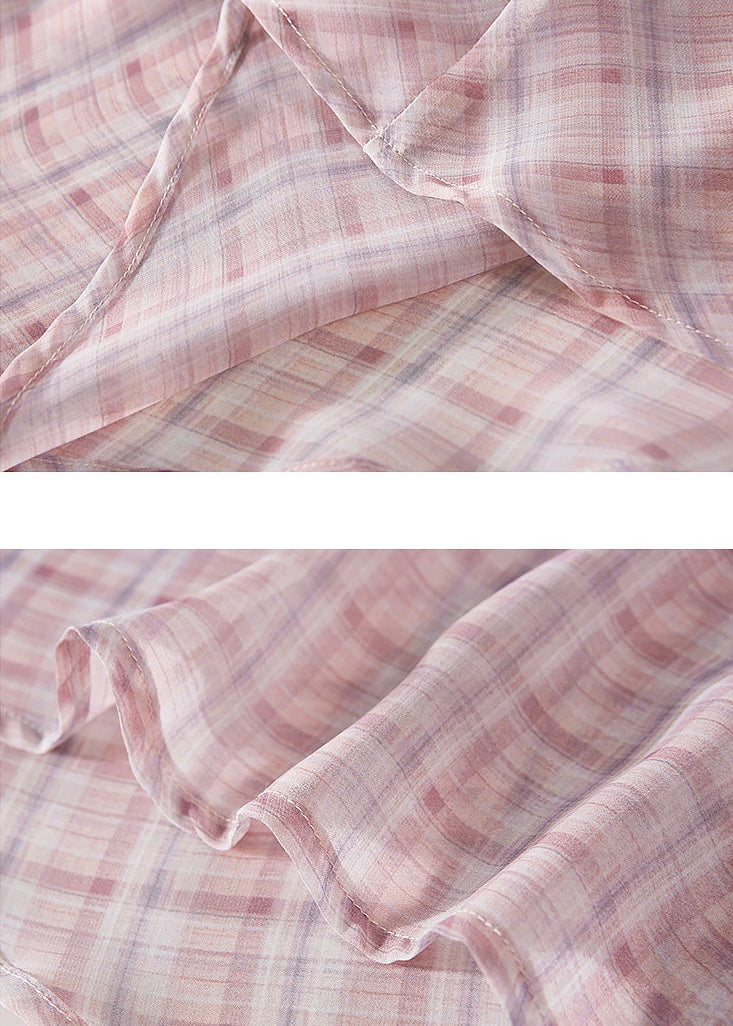 Soft Pink Plaid High Waist Flare long Skirt