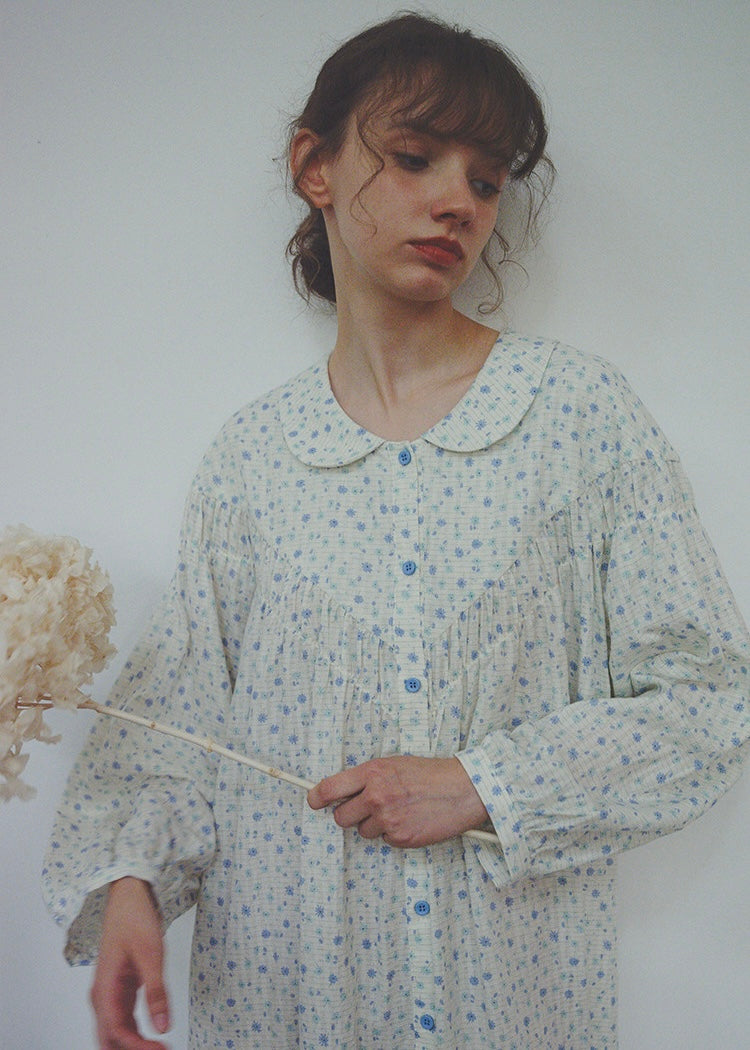 Blue Floral Cotton Nightdress Peter Pan Collar Long Sleeve Vintage Loungewear