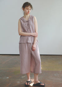 Soft Mauve Cotton Pajama Set Vintage Check Sleeveless Wide Lounge Set