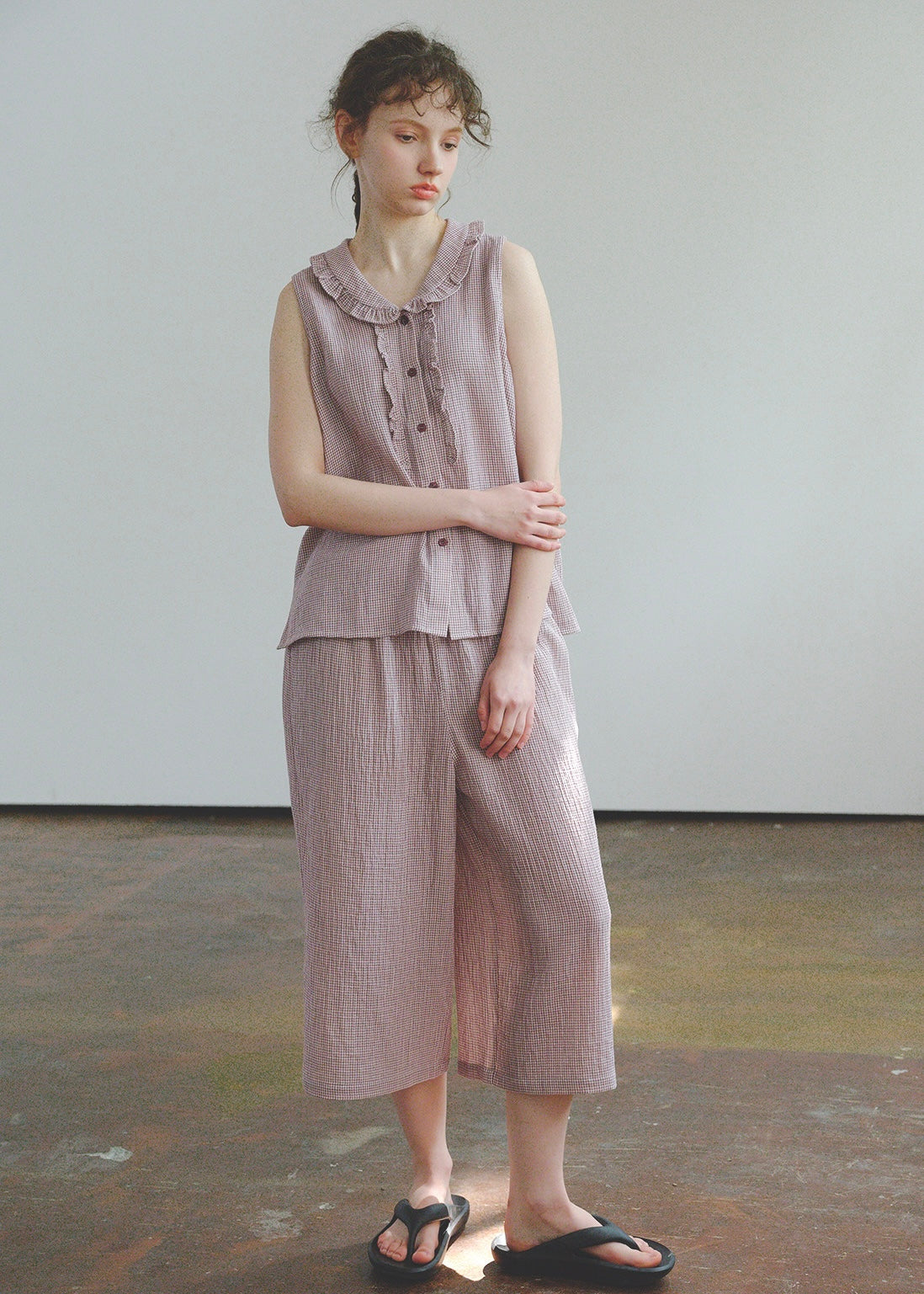 Soft Mauve Cotton Pajama Set Vintage Check Sleeveless Wide Lounge Set