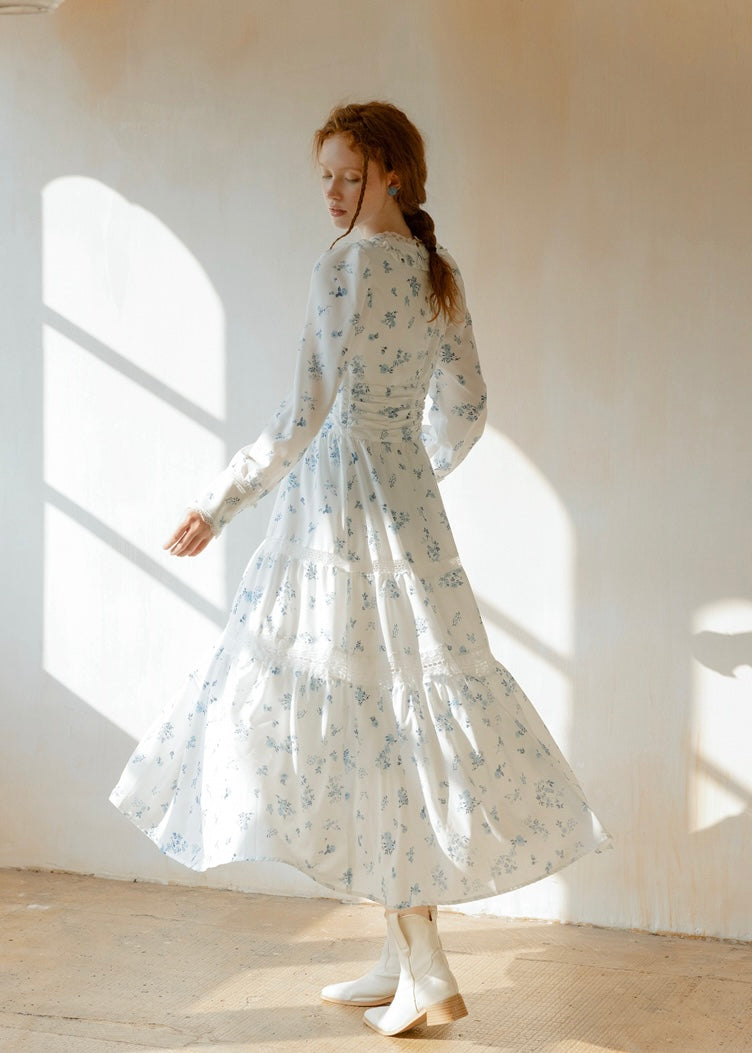 Blue Garden Vintage Floral Long Sleeve Dress