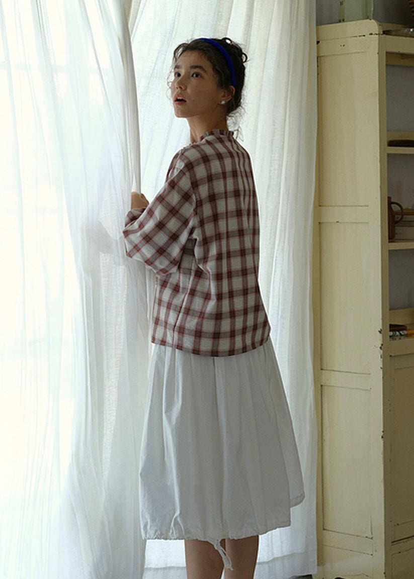 Vintage Plaid Ruffle Collar Lantern Sleeve Blouse