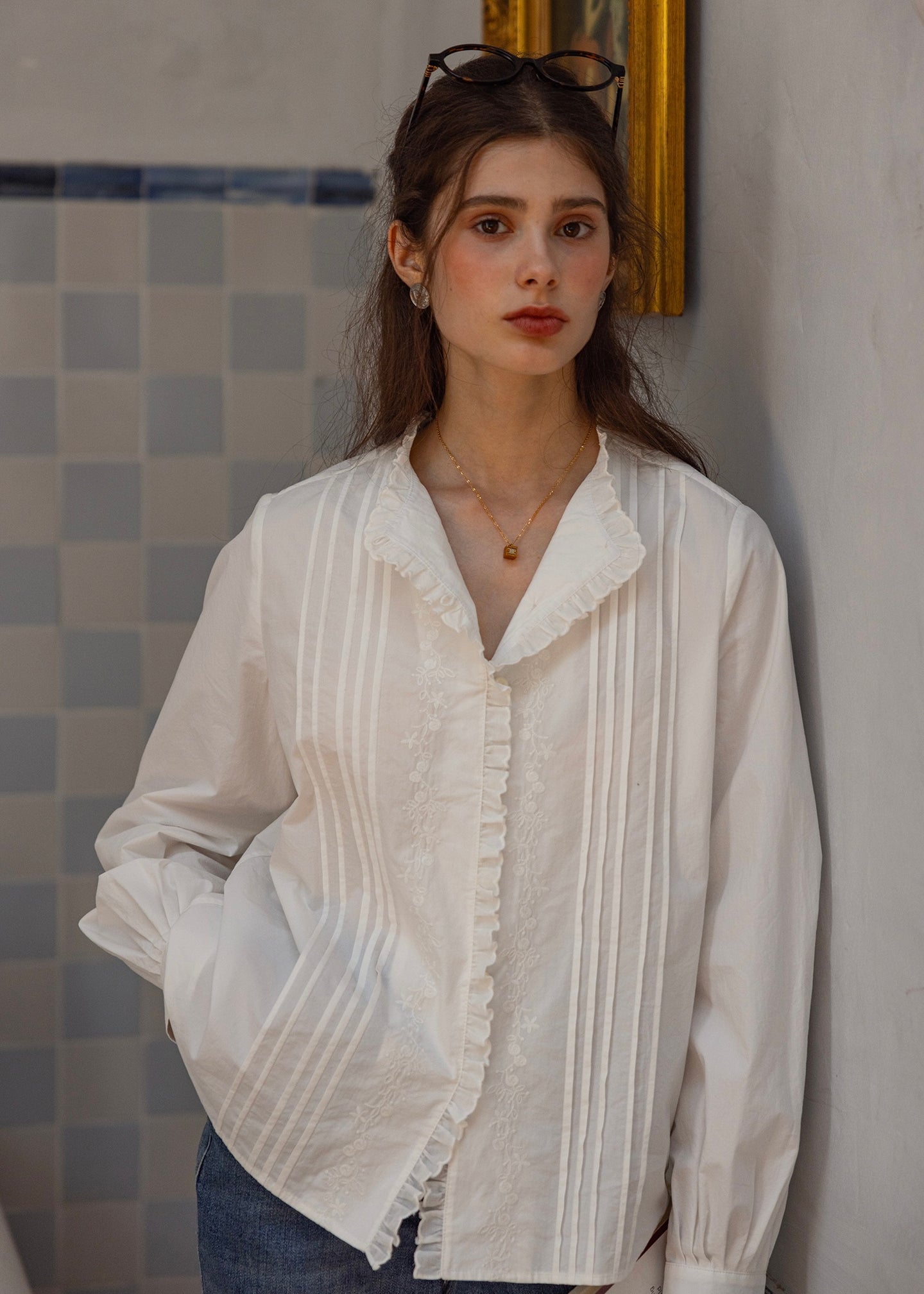 Poetic Pleats Vintage Embroidered Long Sleeve Blouse(2COLOR)