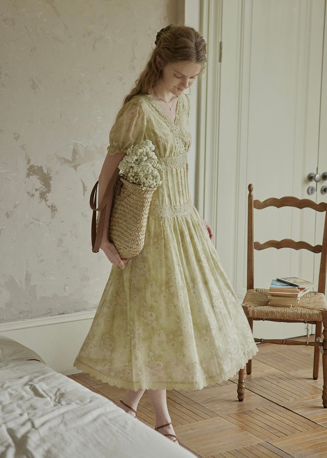 Elowen V-Neck Floral Lace Trim Dress