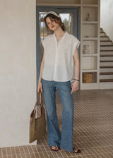 Embroidered Frill Sleeve Linen Blend Blouse(2COLOR)