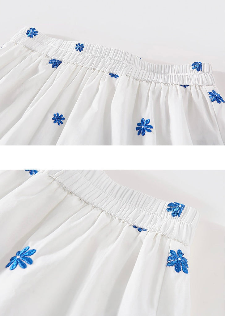Blue Stitch Floral Tiered Skirt Elastic Waist Vintage A-Line Long Skirt