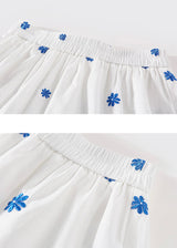 Blue Stitch Floral Tiered Skirt Elastic Waist Vintage A-Line Long Skirt