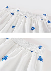 Blue Stitch Floral Tiered Skirt Elastic Waist Vintage A-Line Long Skirt