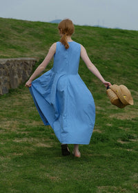 Sky Blue Sleeveless Cotton Summer Loose and Slim Dress