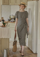 Black Gingham Wrap Dress Puff Sleeve Vintage Dress