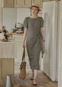 Black Gingham Wrap Dress Puff Sleeve Vintage Dress