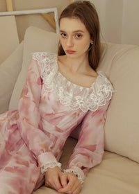 Rose Mist Lace Collar Romantic Vintage Long Dress