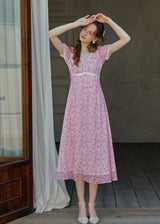 Strawberry Picnic Pink Gingham Floral Lace Dress