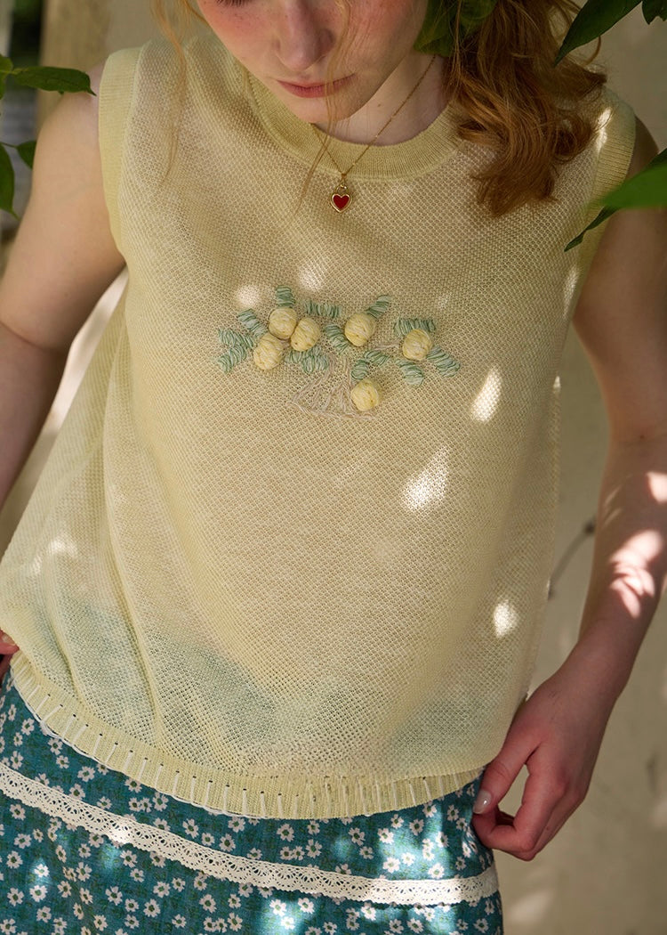 Elara Butter Yellow Floral Embroidered Knit Vest