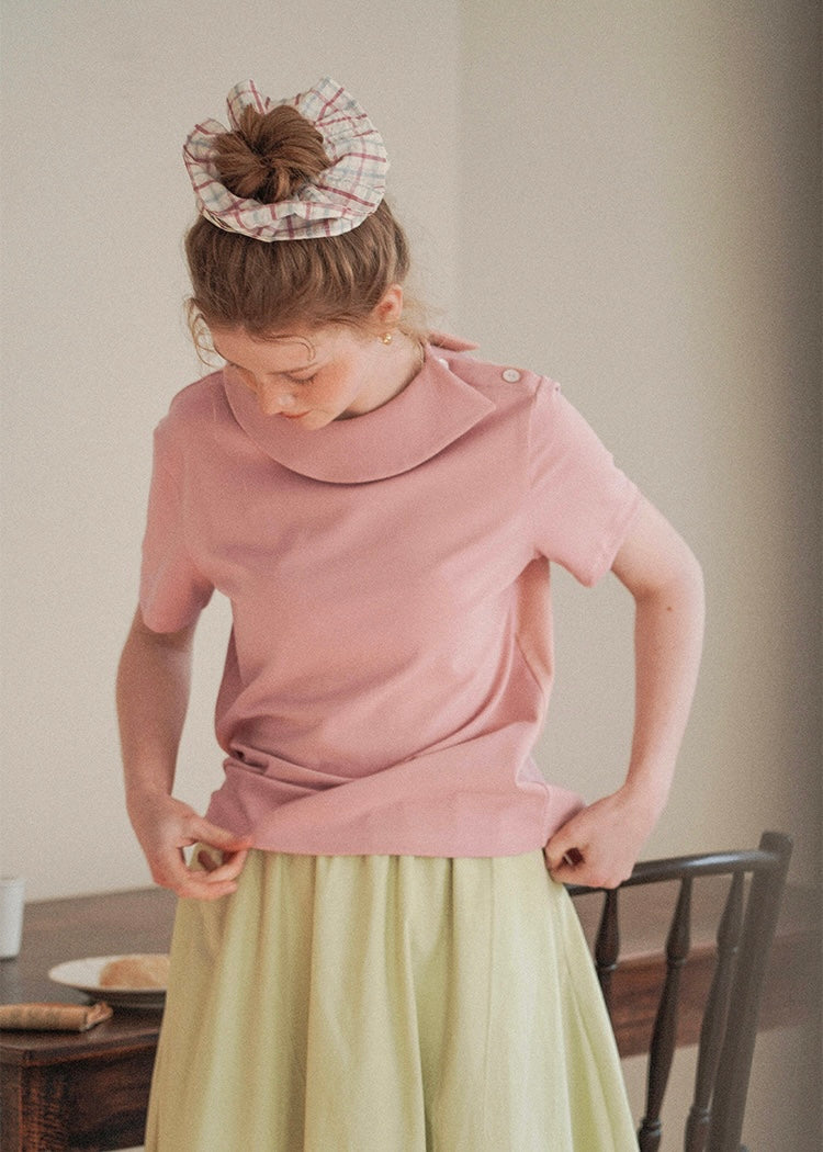Morning Collar Knit Top Soft Vintage Short Sleeve Tee(2COLOR)