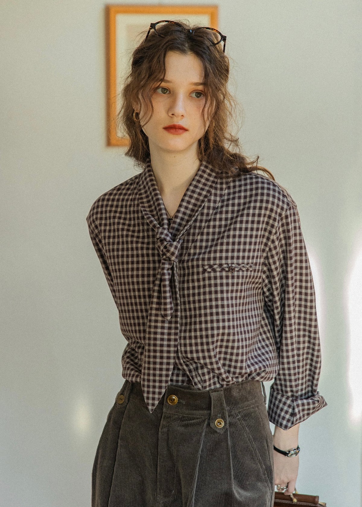 Vintage Plaid Scarf Tie V-Neck Blouse