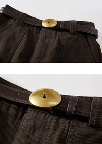 Vintage Brown Belted A-Line Cotton Midi Skirt