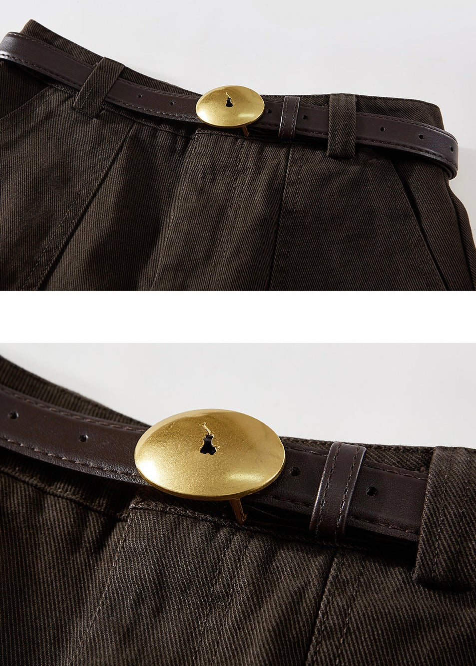 Vintage Brown Belted A-Line Cotton Midi Skirt