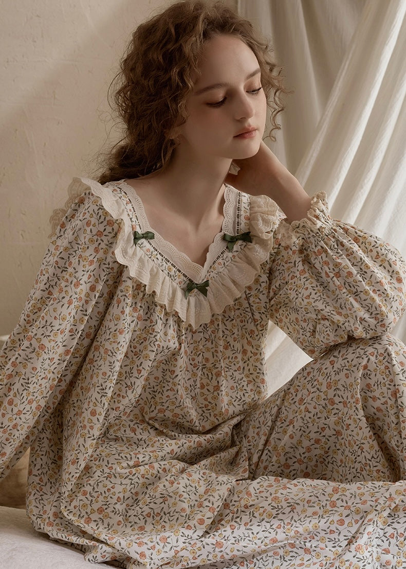 Blossom Ruffle Vintage Floral Lace Pajama Set Nightwear(2COLOR)