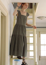 Mellow Check Tiered Dress | Vintage Green Gingham Sleeveless Long Dress