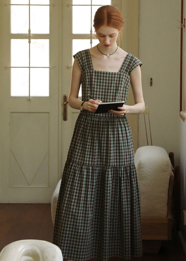Mellow Check Tiered Dress | Vintage Green Gingham Sleeveless Long Dress