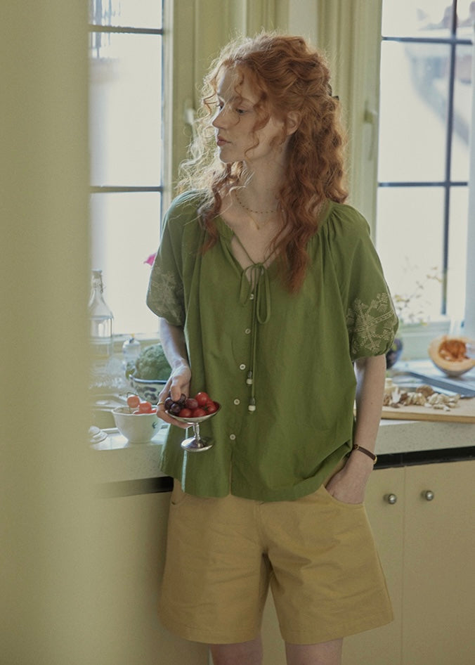 Willow Garden Embroidered Blouse | Romantic Green Cotton Shirt