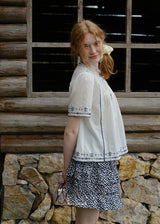 Blue Thread Embroidered Vintage Short Sleeve Blouse