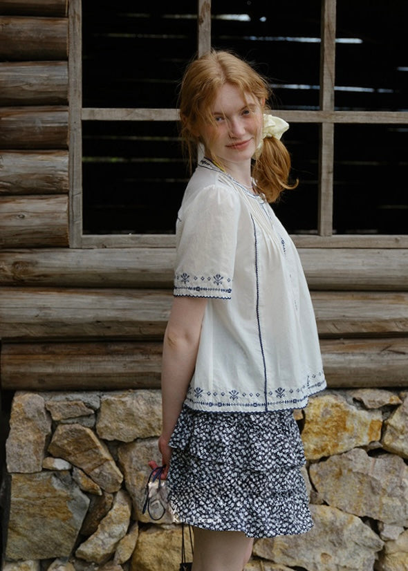 Blue Thread Embroidered Vintage Short Sleeve Blouse