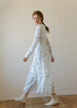 Blue Garden Vintage Floral Long Sleeve Dress