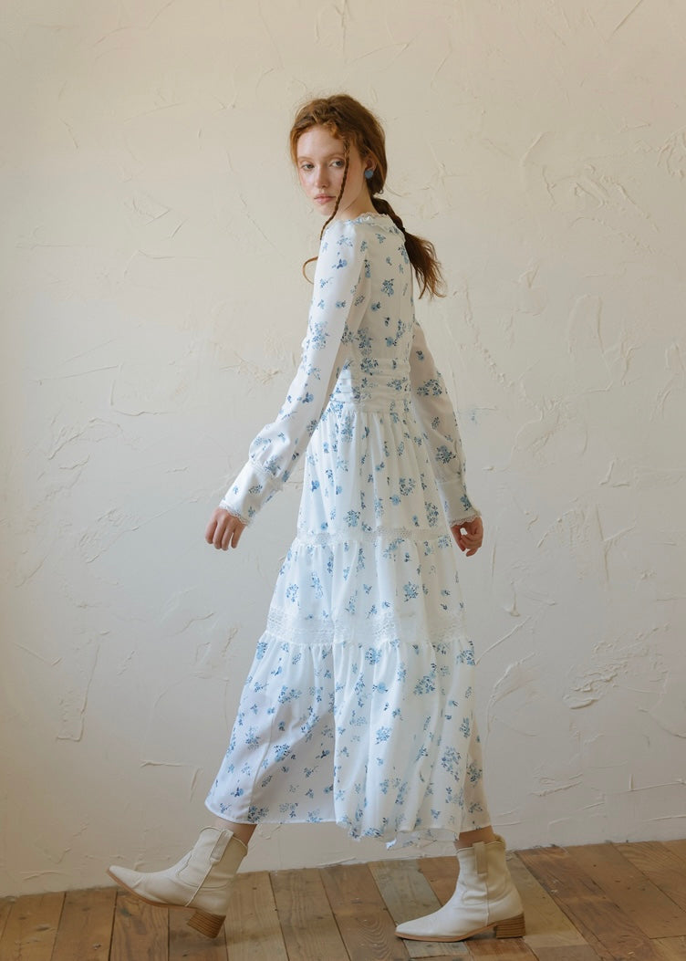 Blue Garden Vintage Floral Long Sleeve Dress