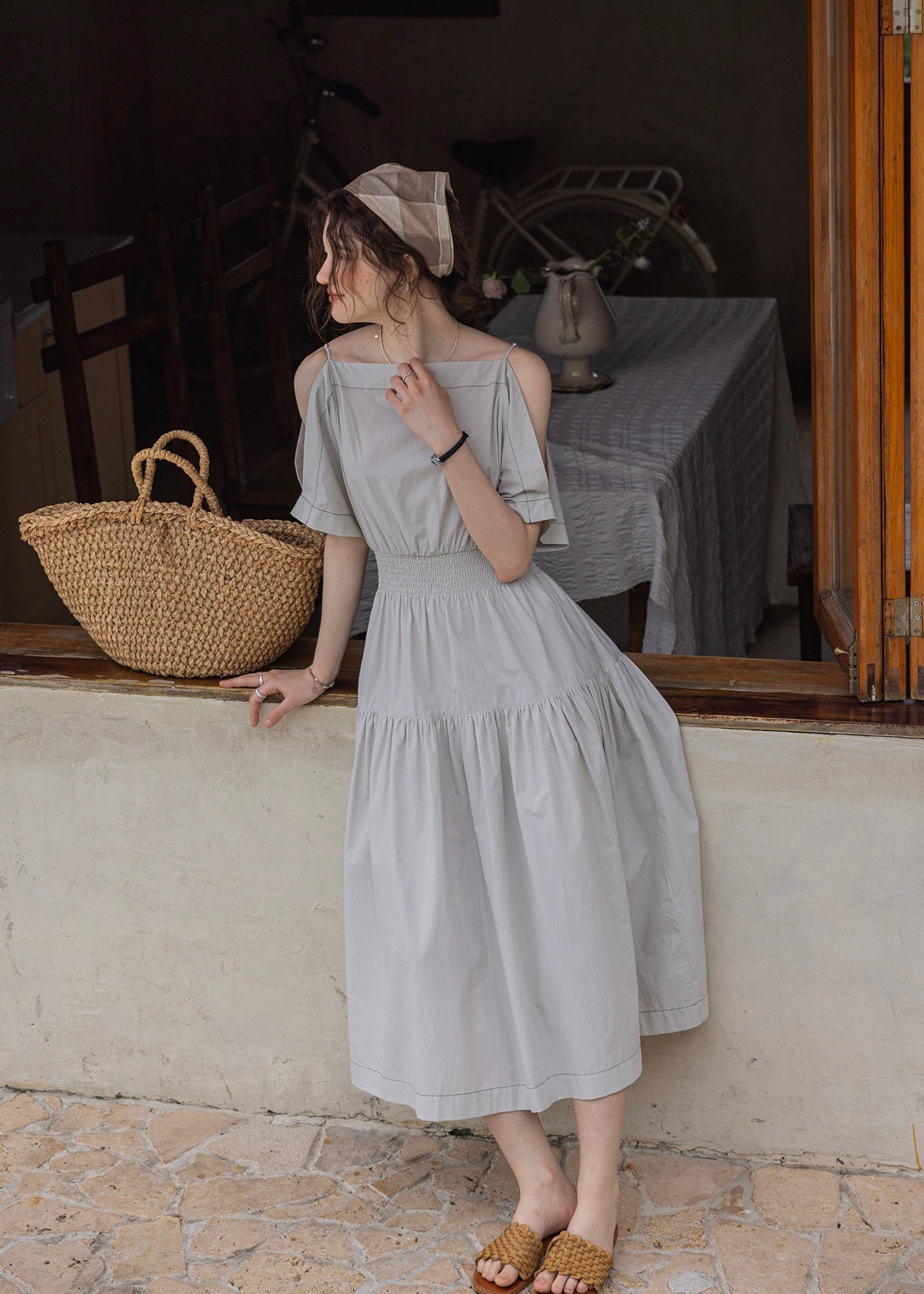 Convertible Off-Shoulder Smocked Cotton Dress