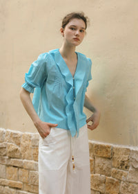 Azure Reverie Ruffle Collar Blouse