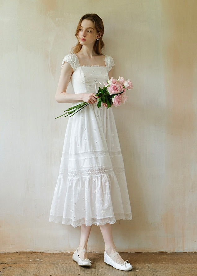Élise Broderie White Dress | Romantic Lace Cotton Maxi Dress