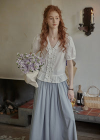 Classic Puff Sleeve Ruffle Button Blouse