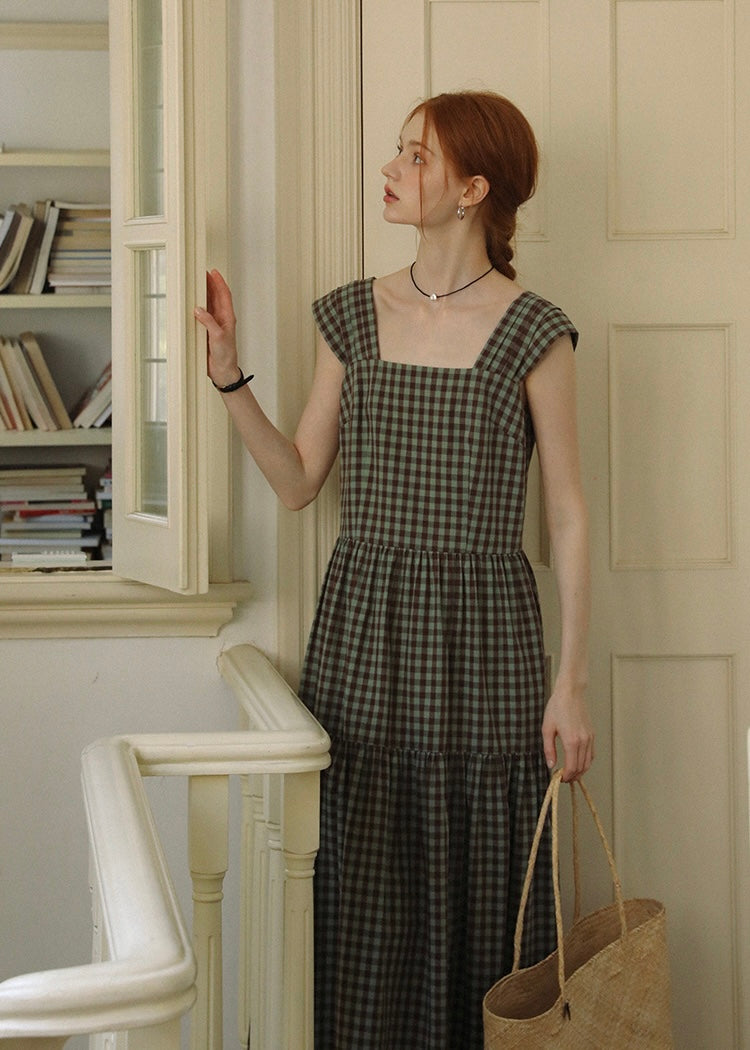 Mellow Check Tiered Dress | Vintage Green Gingham Sleeveless Long Dress