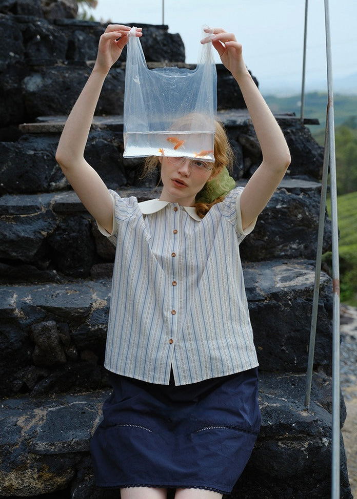 Blue Stripe Peter Pan Collar Puff Sleeve Blouse