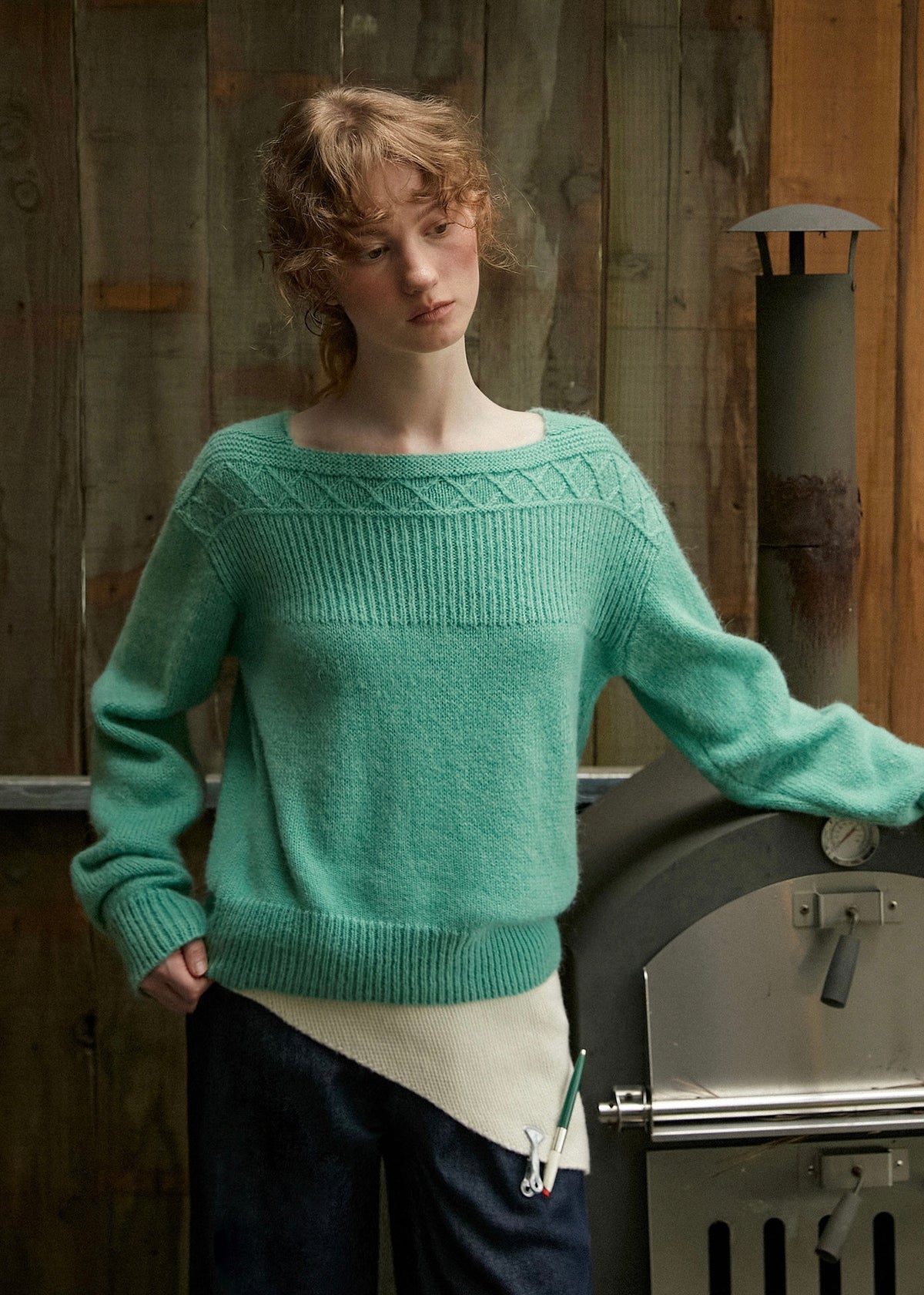 Mint Meadow Jacquard Knit Boat Neck Vintage Sweater