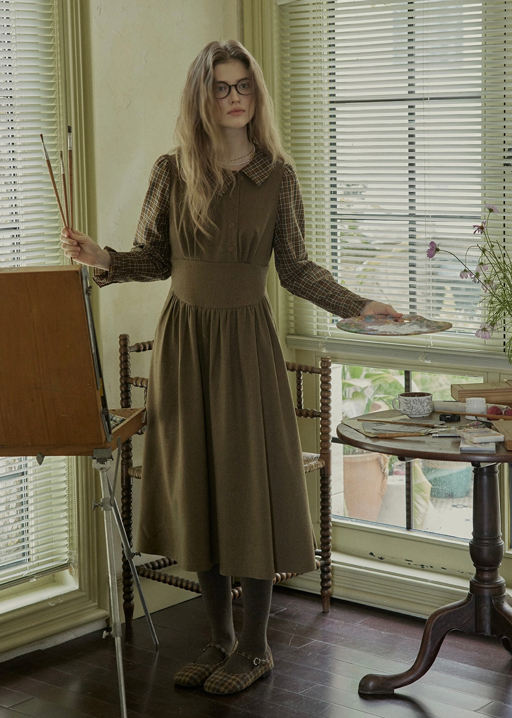 Olive Library Layered Check Dress