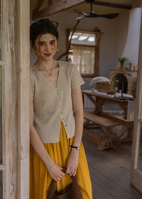 Été Knit Button Top | Slim Fit V-Neck Ribbed Summer Cardigan Blouse(2COLOR)