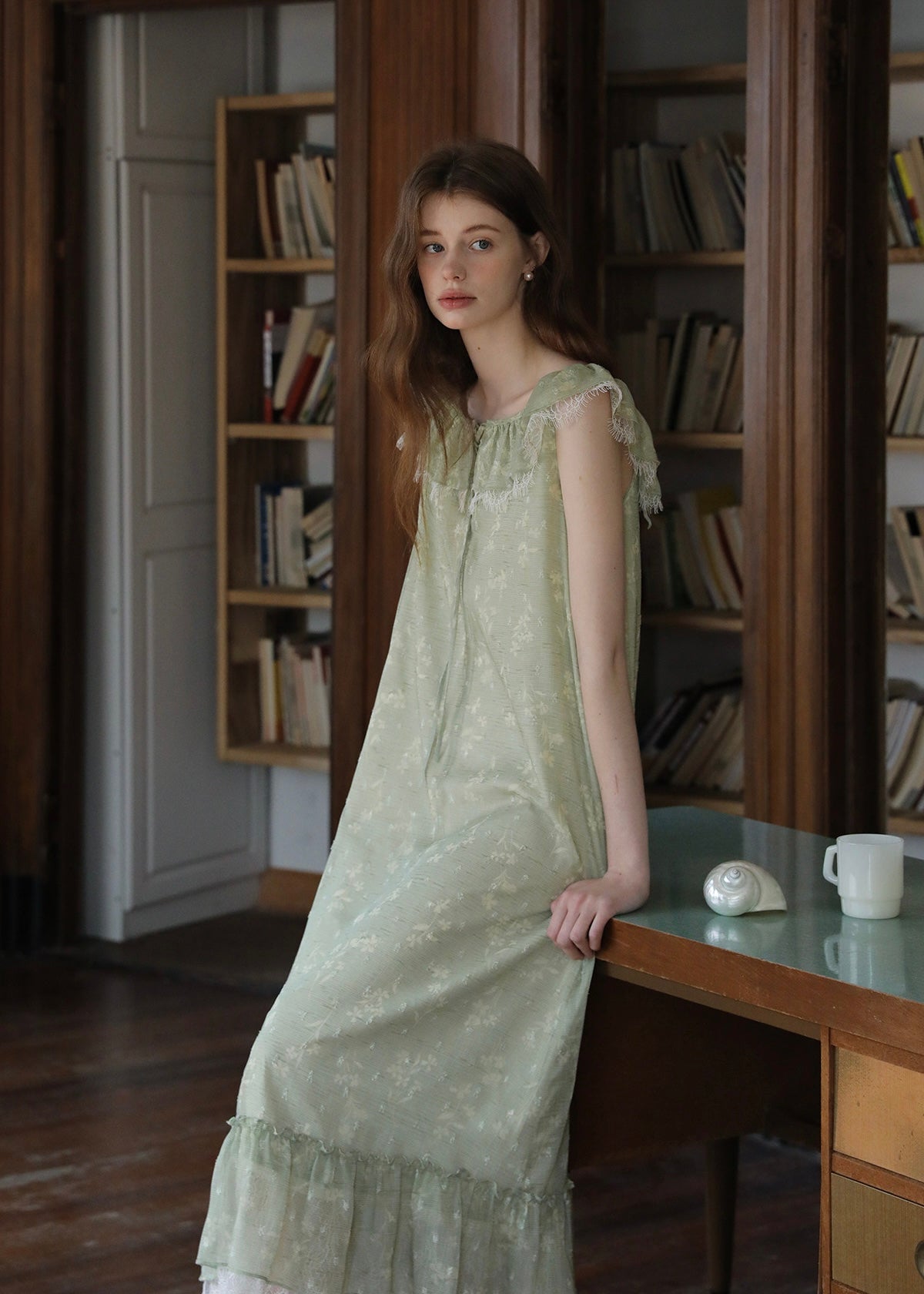 Sage Ruffle Lace Trim Sleeveless Long Dress