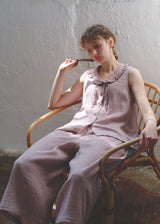 Soft Mauve Cotton Pajama Set Vintage Check Sleeveless Wide Lounge Set