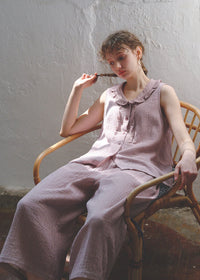 Soft Mauve Cotton Pajama Set Vintage Check Sleeveless Wide Lounge Set