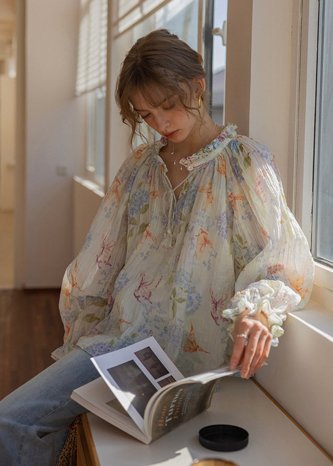 Poetic Vintage Ruffle Tie Blouse(2COLOR)